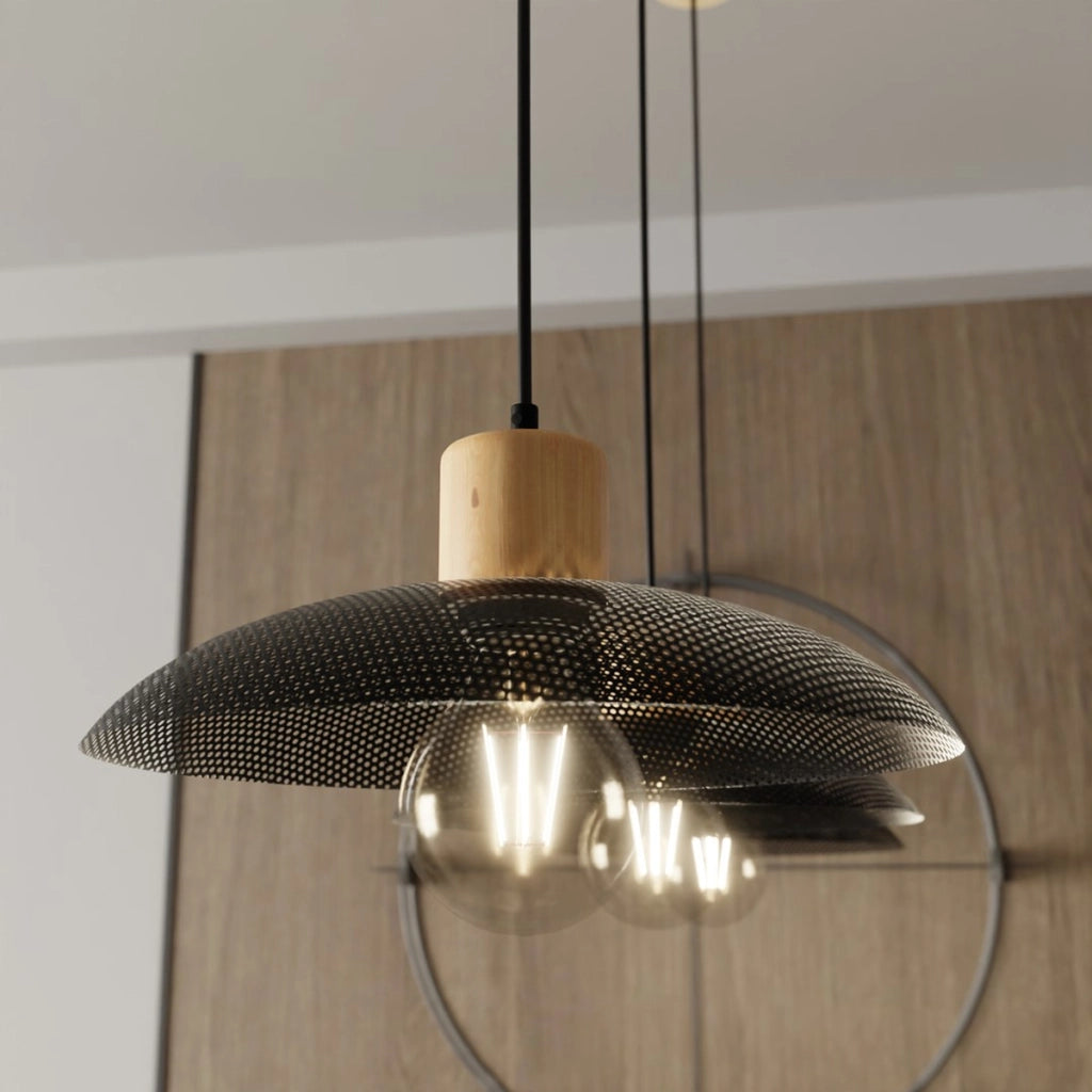 Lampada a sospensione Kobe in acciaio nero e legno