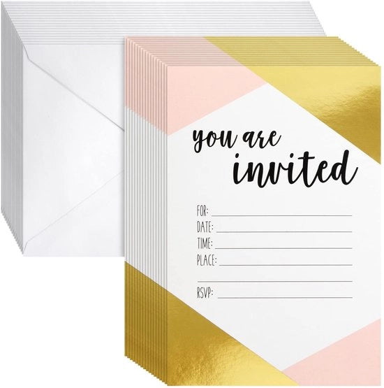 Invito di Festa Set da 36 - Disegno Rosa/Dorato - Carte d'Invito per Compleanno/Baby Shower - Inclusi Buste - 10 x 15 cm - Design Minimalista