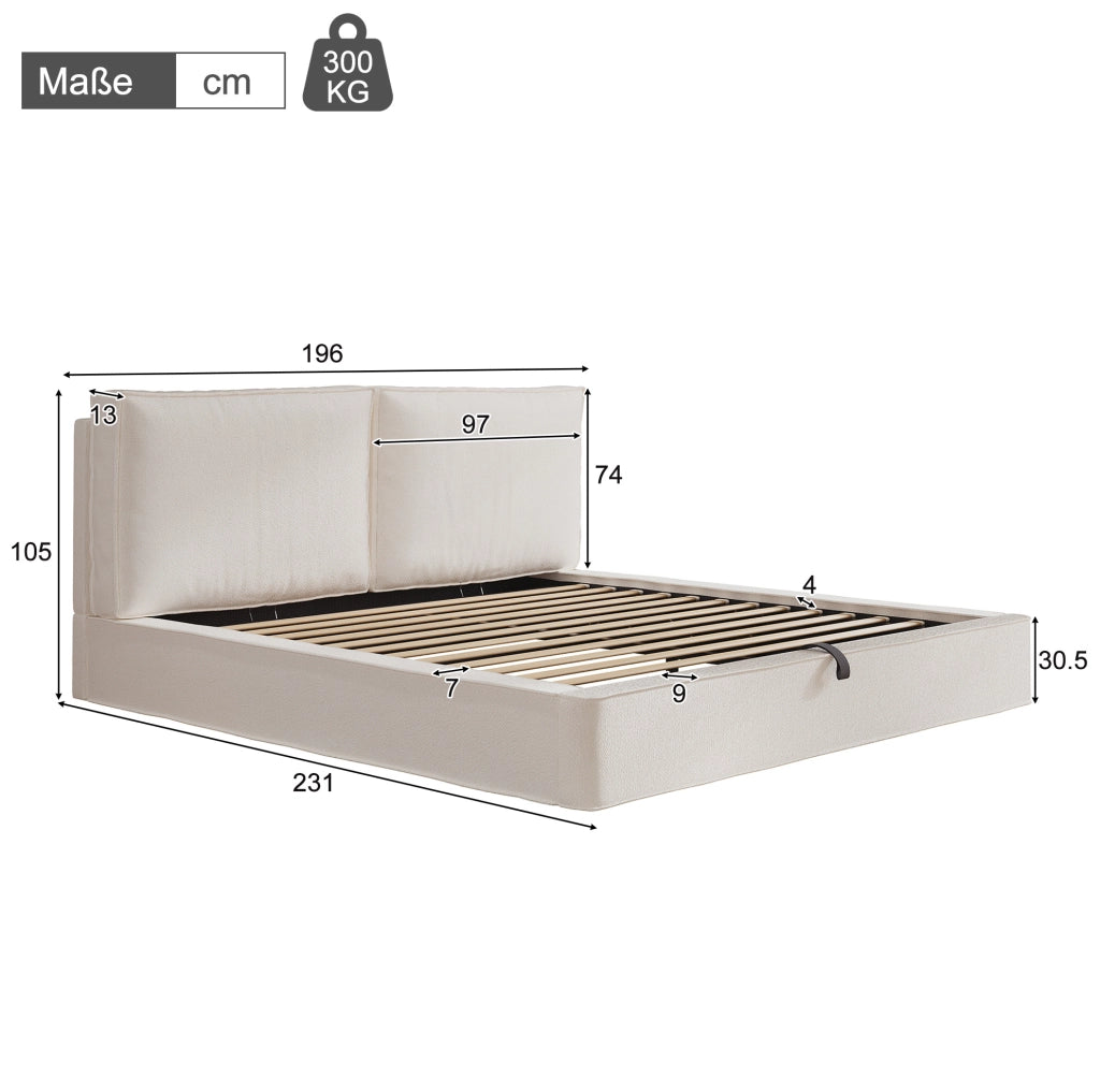 Letto matrimoniale 180x200 cm con contenitore; testiera imbottita; boucl茅 beige