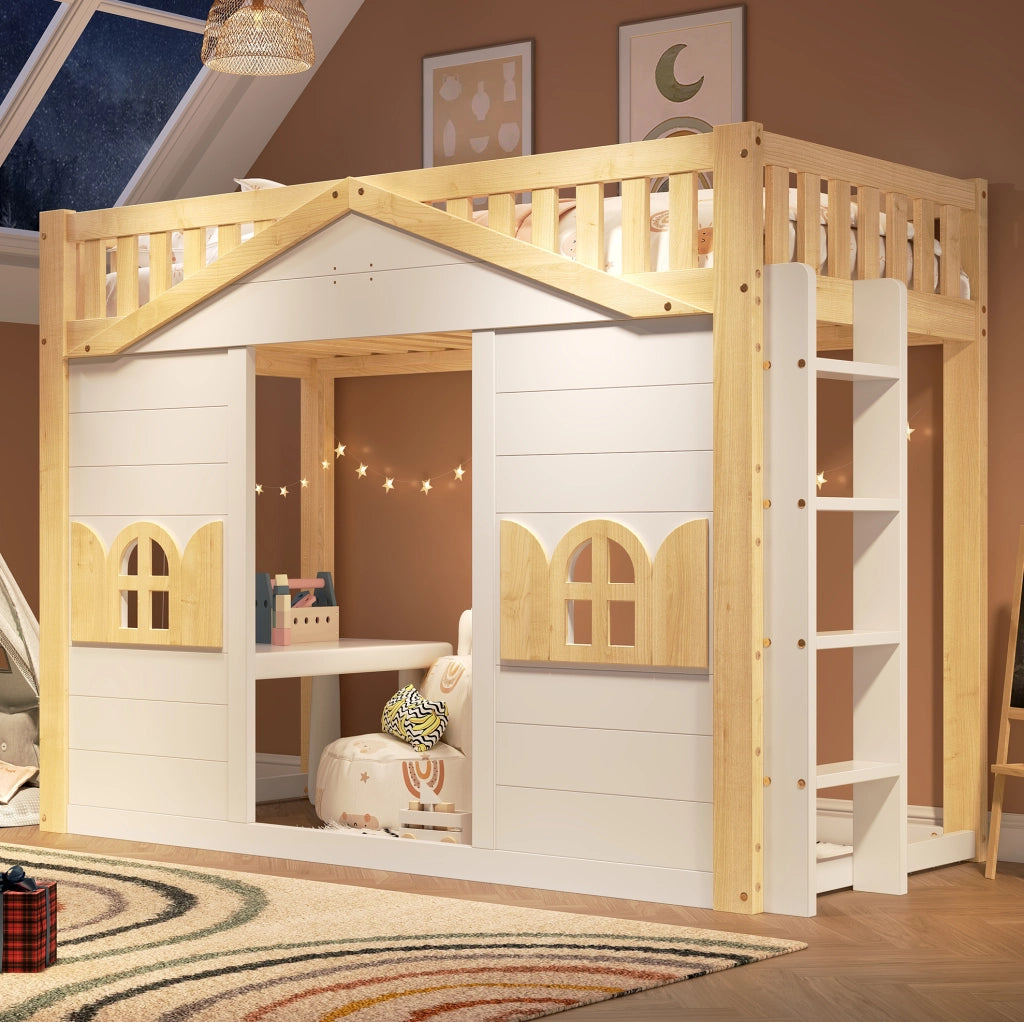 Letto a castello per bambini con finestra e scala reversibile; pino e MDF; bianco 90x200 cm