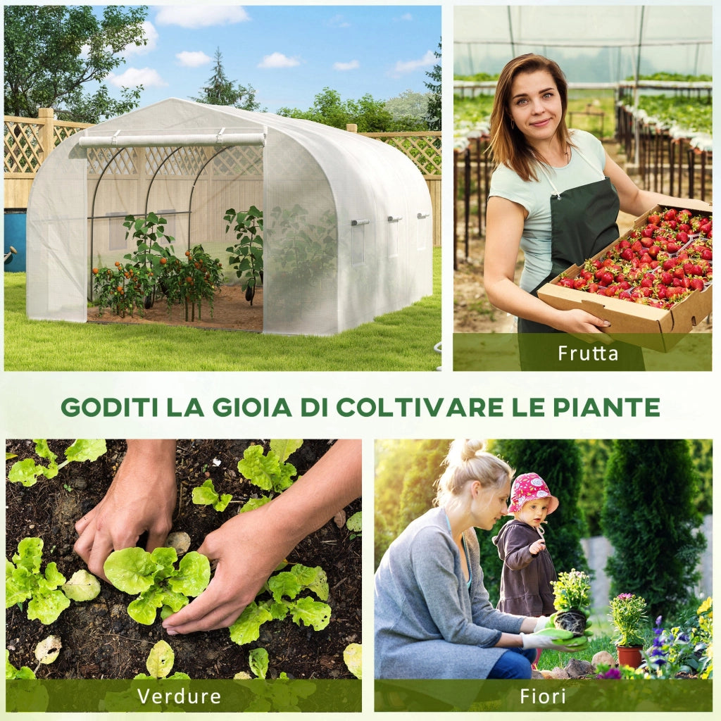 Serra a Tunnel da Giardino con 6 Finestre e Porta a Rullo 3,5x3x2 m in Acciaio e PE Bianco