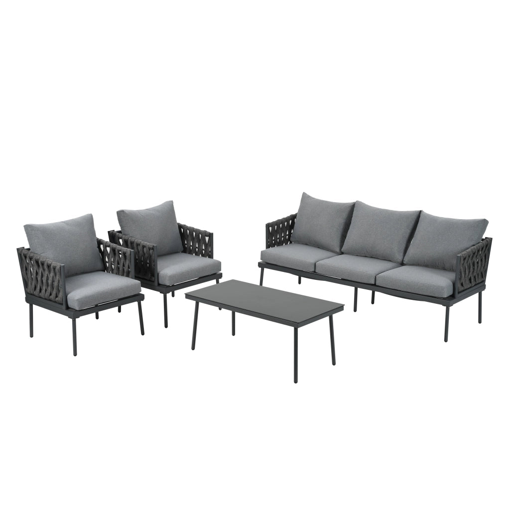 Set Divano da Giardino con Tavolo e Cuscini ¨C MINIMAL ¨C Polyrattan, Acciaio, Grigio