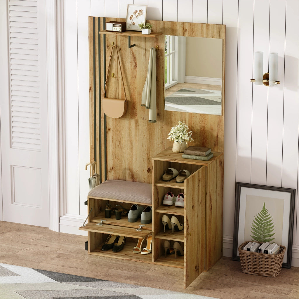 Guardaroba da ingresso compatto con specchio, panca imbottita e portascarpe, struttura in MDF, colore naturale e nero, 115 x 37 x 185 cm