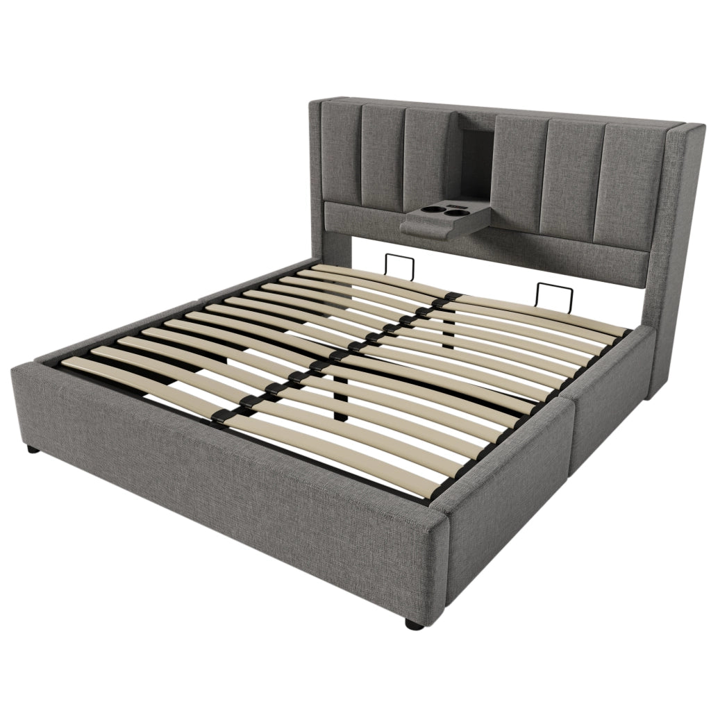 OKWISH Letto Contenitore 140×190 cm, Letto Matrimoniale con Stazione di Ricarica USB, Tipo C e Portabicchieri, senza Materasso, in Lino Grigio