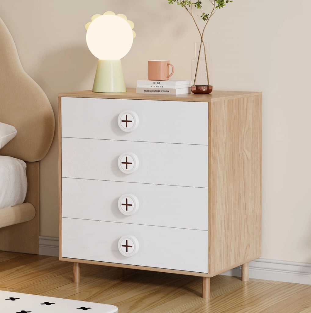Comò 80x54x90 cm naturale e bianco in MDF, 4 cassetti