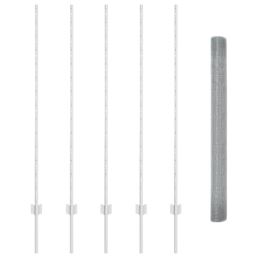 Recinzione in rete saldata con 10 pali U Argento 1.4x10 m Acciaio