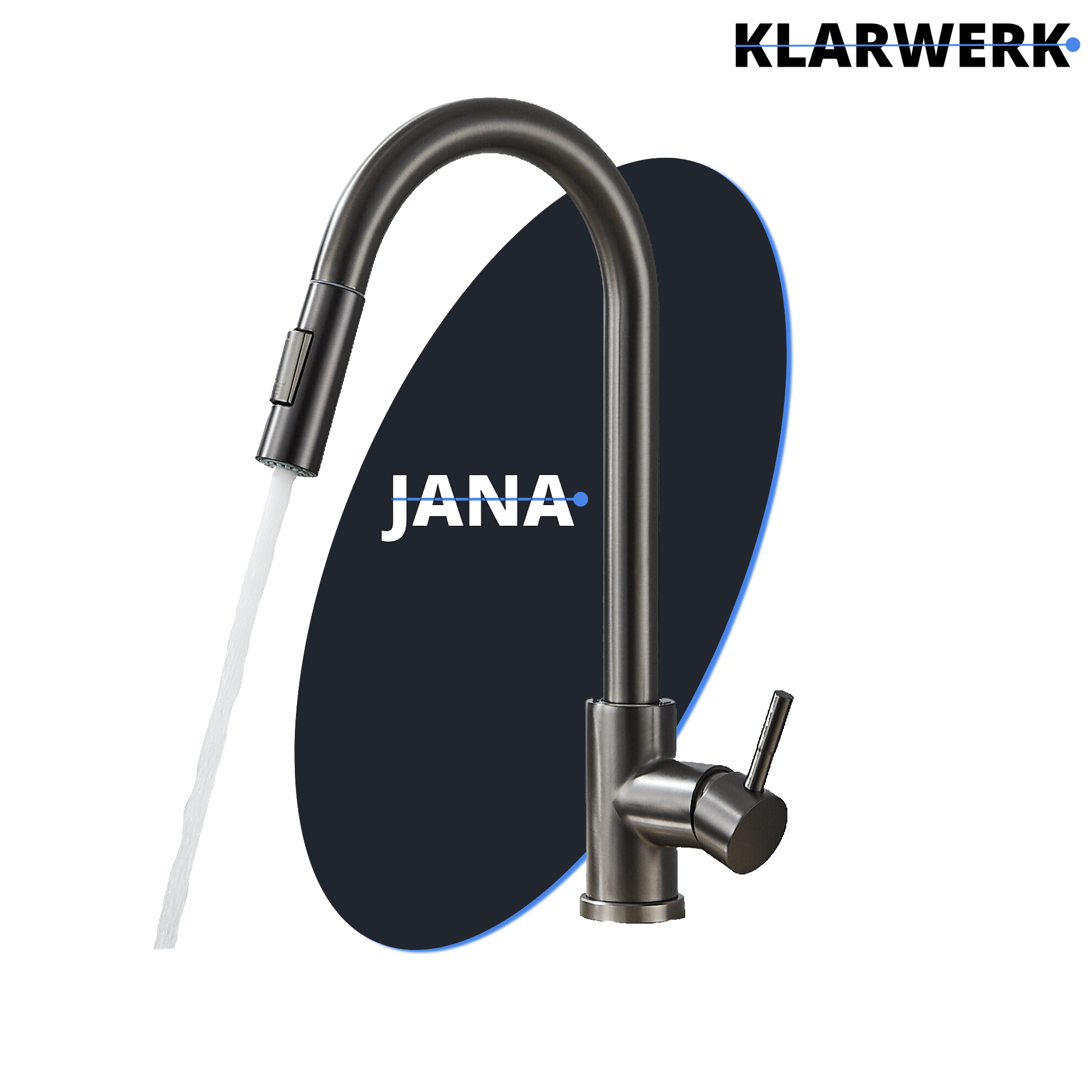 JANA | Rubinetto da cucina estensibile Premium in acciaio inox grigio titanio miscelatore arco alto | alta pressione ruotabile a 360° 2 attacchi