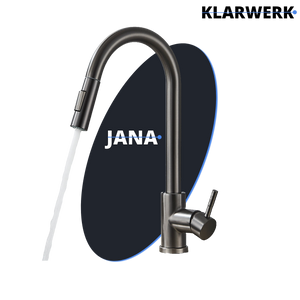 JANA | Rubinetto da cucina estensibile Premium in acciaio inox grigio titanio miscelatore arco alto | alta pressione ruotabile a 360° 2 attacchi