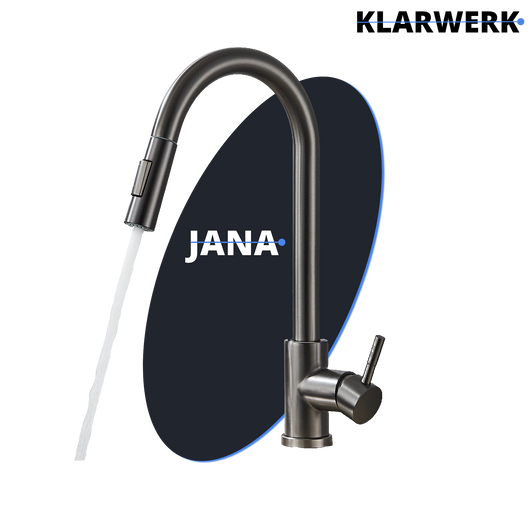 JANA | Rubinetto da cucina estensibile Premium in acciaio inox grigio titanio miscelatore arco alto | alta pressione ruotabile a 360° 2 attacchi