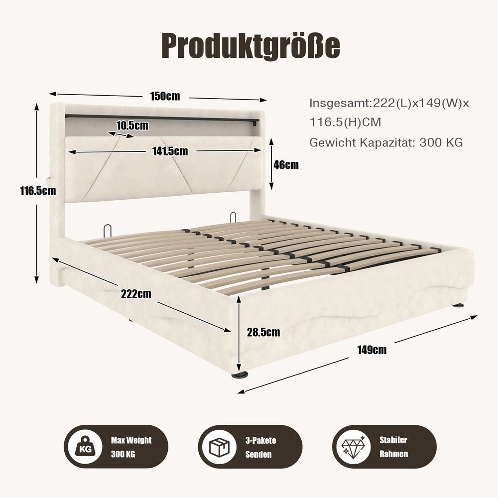 Letto imbottito contenitore con testiera LED ¨C Minimal ¨C velluto grigio 140x200cm