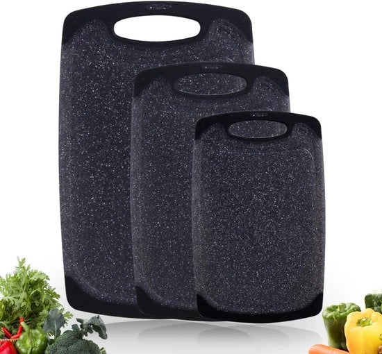Set di taglieri a tre pezzi, tagliere in plastica con cuscinetti antiscivolo a terra, BPA libero, gancio di appoggio