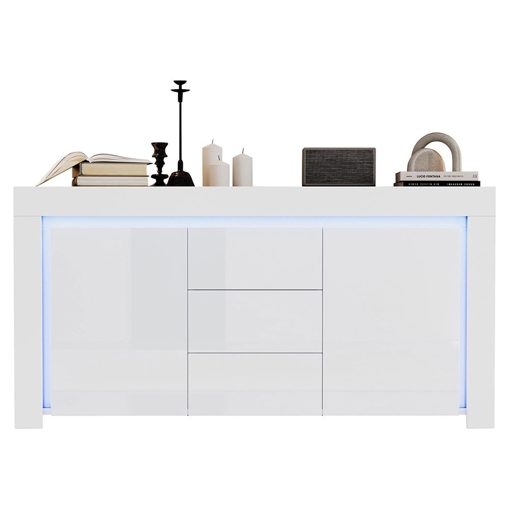Credenza Soggiorno 140x40x65cm - Xylo - 3 Cassetti e 2 Ante Lucide con LED, Bianco