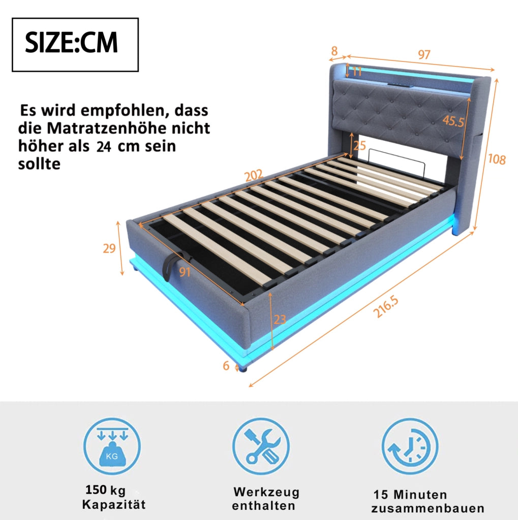 Letto imbottito 90x200 cm con LED e USB; contenitore idraulico; tessuto in lino; grigio