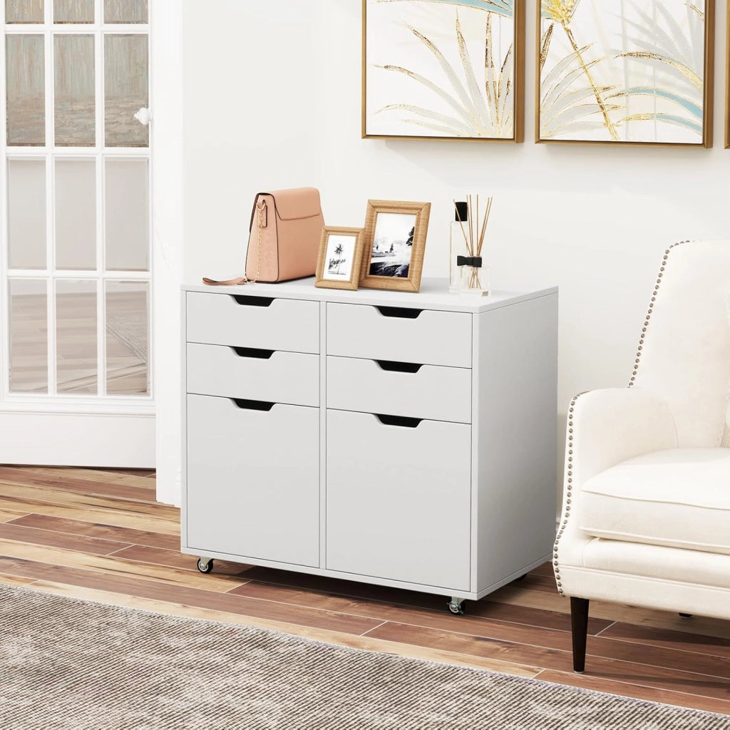 Raccoglitore mobile con 5 ruote, cassettiera con 4 cassetti e 2 armadi con porte, supporto per stampante in legno, mobile di stoccaggio per ufficio, soggiorno