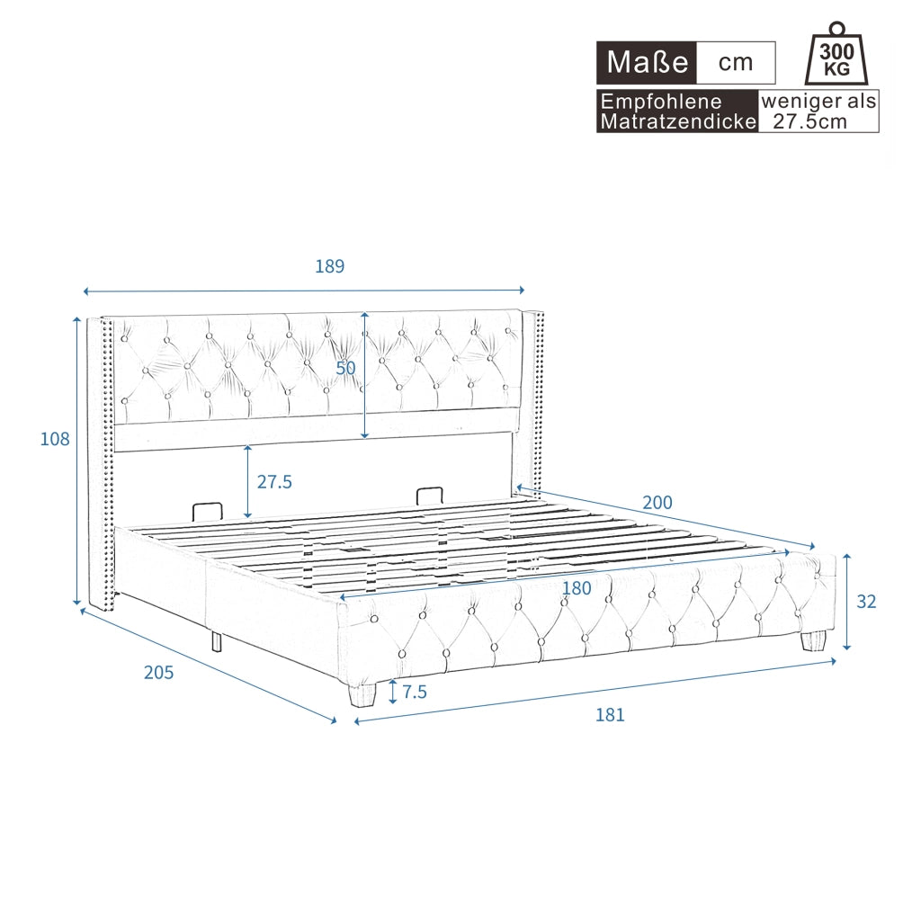Letto Adulto 180×200 cm; Letto Matrimoniale in Velluto con Testiera Imbottita e Borchie; senza Materasso; Grigio