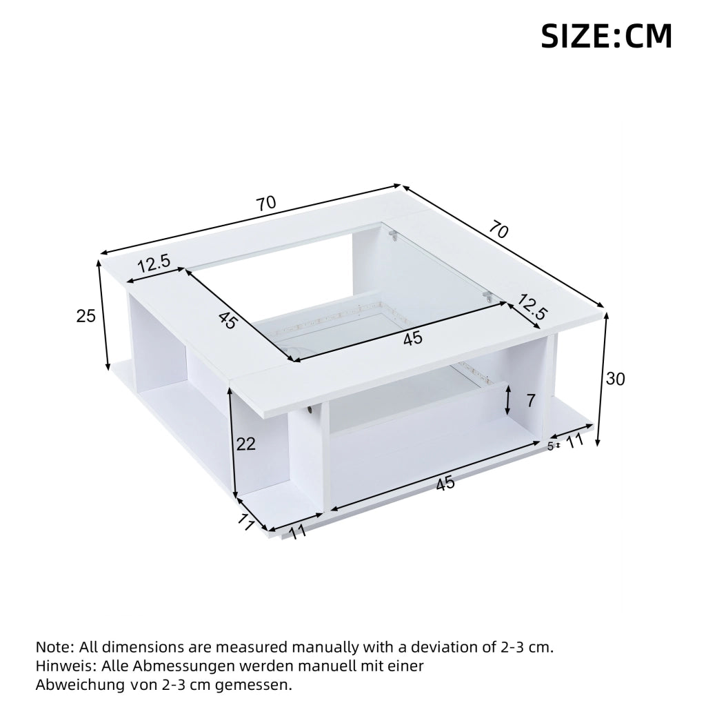 Tavolino da caffè 70x70x30 cm con illuminazione LED; piano in vetro e finitura lucida; truciolare bianco
