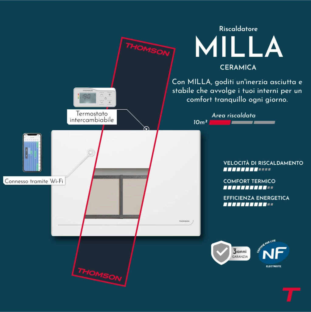 Radiatore elettrico Thomson WiFi con inerzia in ceramica e termostato intercambiabile, 1000W Milla