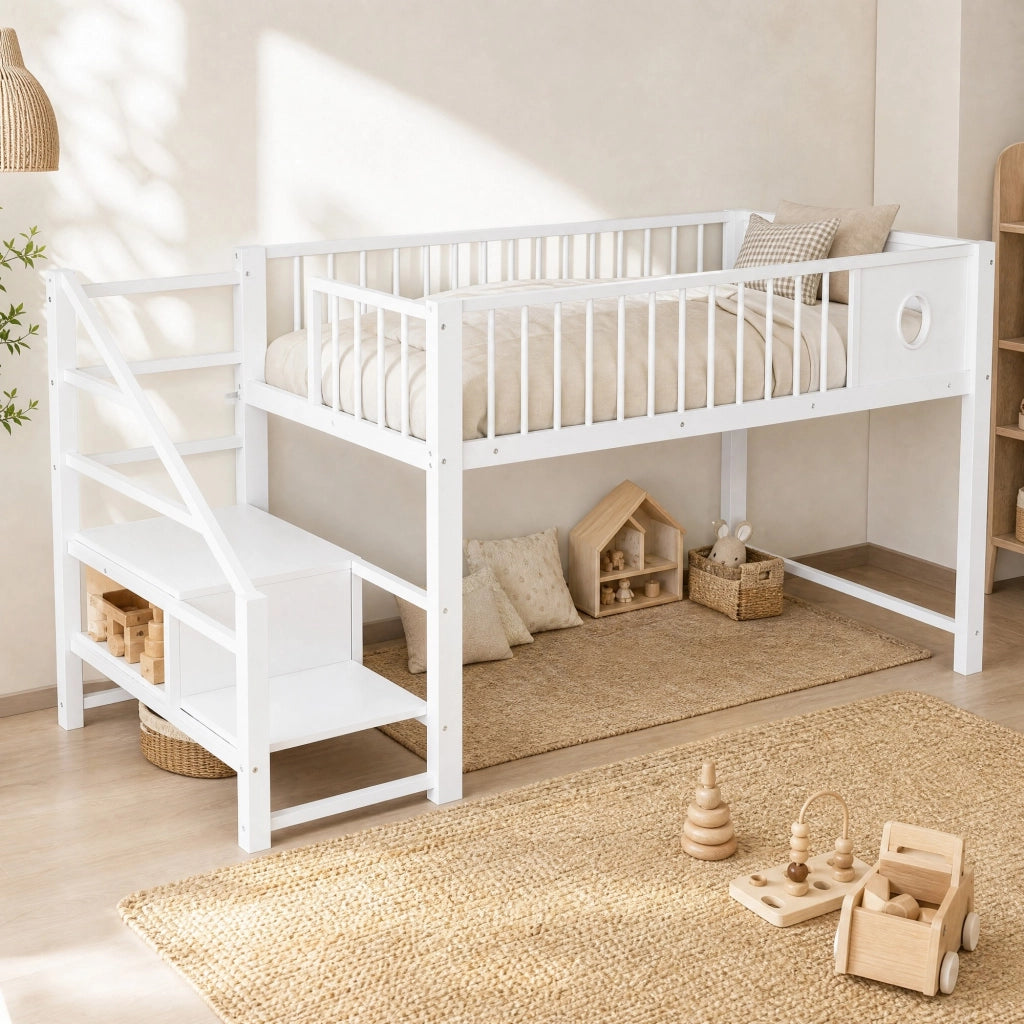 Letto a castello basso per bambini e ragazzi 90x200 cm in metallo bianco con scala contenitore