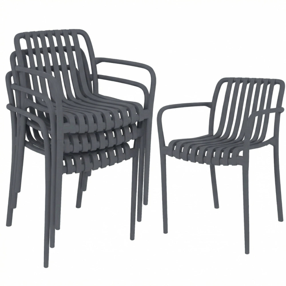 Set 4 sedie da giardino impilabili con braccioli; design a lamelle; grigio scuro