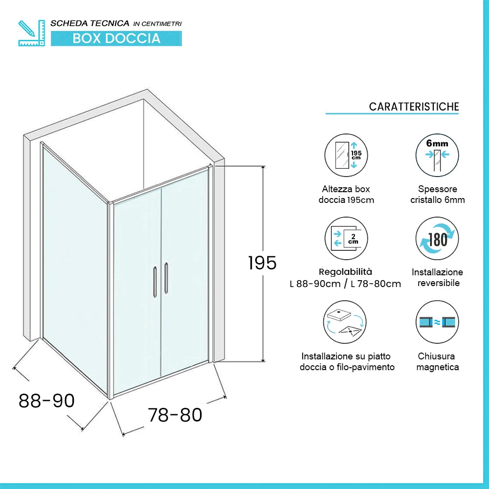 Box doccia angolare 90x80 con apertura saloon in vetro temperato trasparente con profili cromati Neos