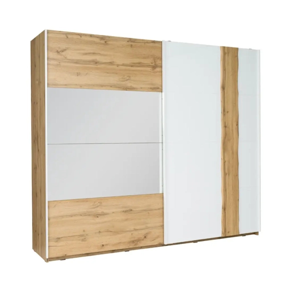 Camera completa WOOD con letto 160 x 200 cm LED, armadio 250 cm, cassettiera e comodini – Rovere e bianco