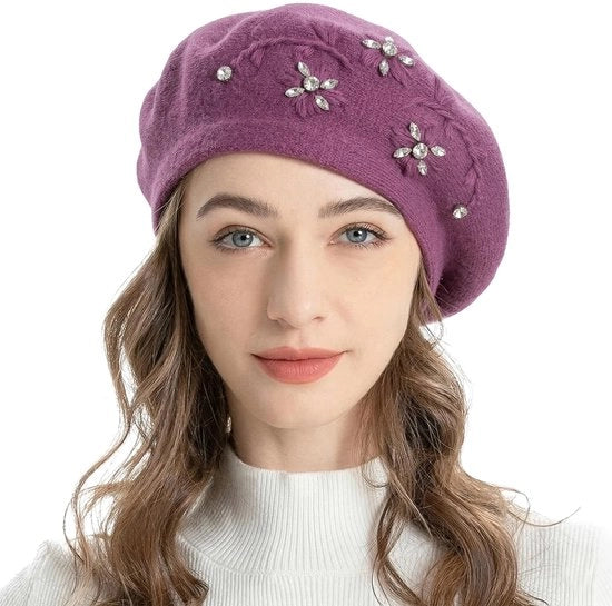 Cappello caldo per donne - Classico cappello francese - Fiore all'uncinetto - Mix acrilico/polyester - Unico modello - Cappello