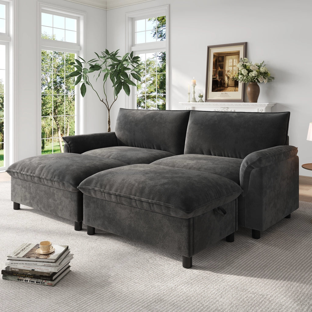 Divano modulare ad angolo convertibile con vano contenitore e pouf mobili, in ciniglia, grigio