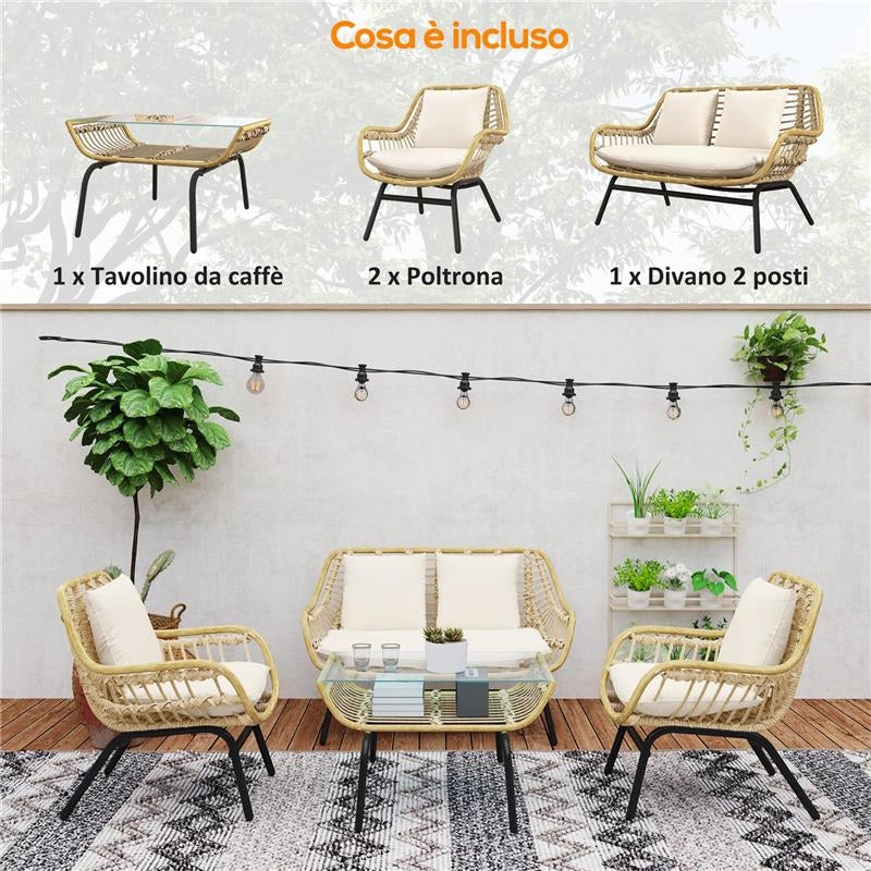 SET DA GIARDINO 4 PEZZI IN RATTAN PE E METALLO CON DIVANETTO 2 SEDIE E TAVOLINO DA CAFFÉ BEIGE