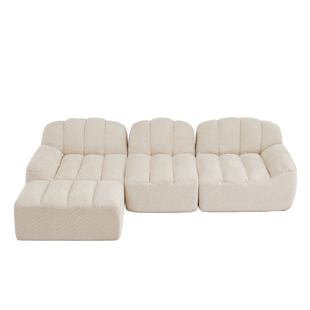 Divano modulare angolare 3 posti con pouf; 288 x 165 x 79 cm; beige e bianco