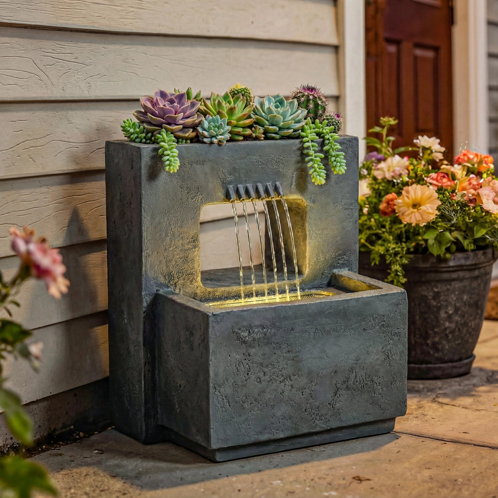 Fontana da giardino a 2 livelli con illuminazione LED e pompa ¨C Zephmum ¨C Effetto pietra 45x31.5x58.5 cm