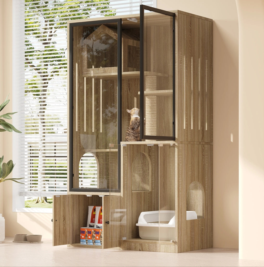 Mobile per gatti a 4 livelli in vetro e legno 90x50x160 cm