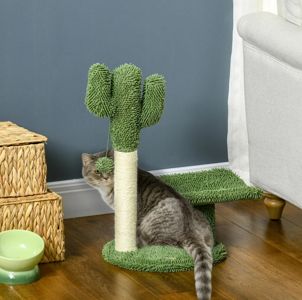 Albero per Gatti a forma di Cactus con Tiragraffi e Pallina da Gioco, 35x31x55.5 cm, Verde e Bianco