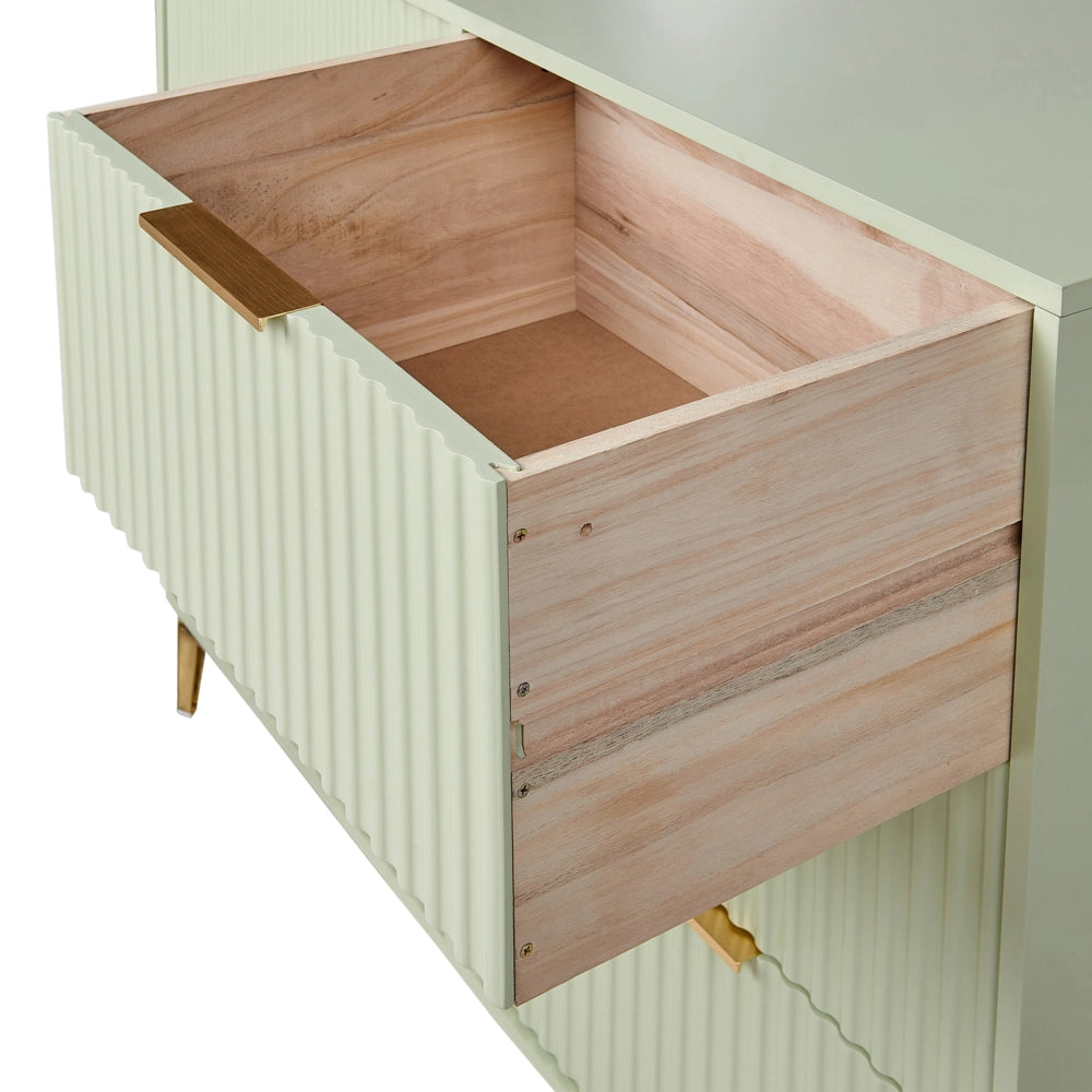 Cassettiera Verde MDF 6 Cassetti Gambe in Metallo Maniglie Fronti Scanalati Design Moderno Camera da Letto Soggiorno