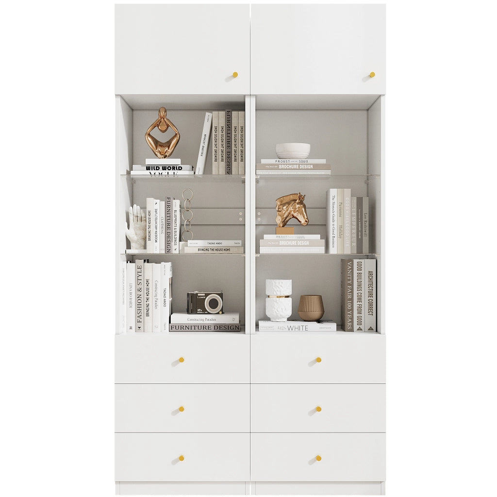 Vetrina alta bianca con ante, ripiani in vetro regolabili e 3 cassetti, set da 2, 100×40×180 cm