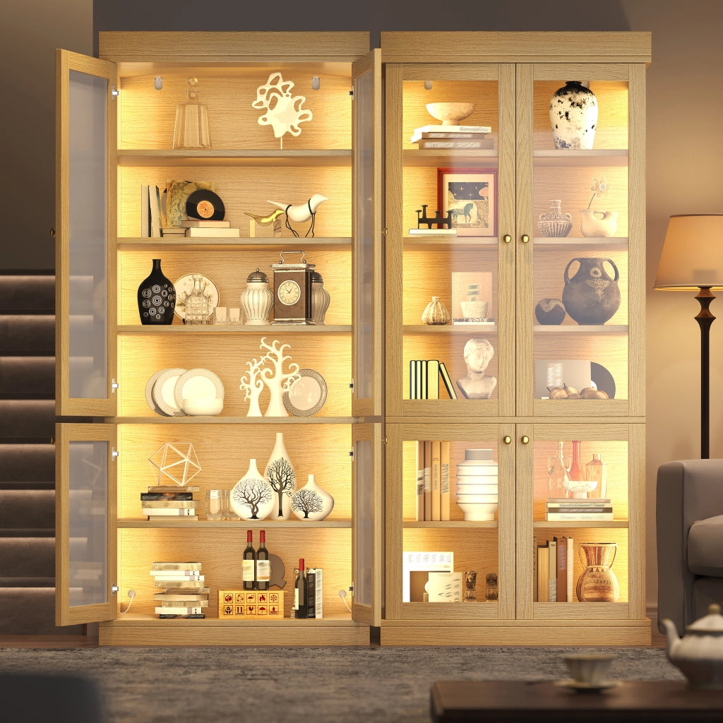 ARMADIO ALTO 160x40x180 cm MDF e vetro Naturale con LED Set da 2 pezzi