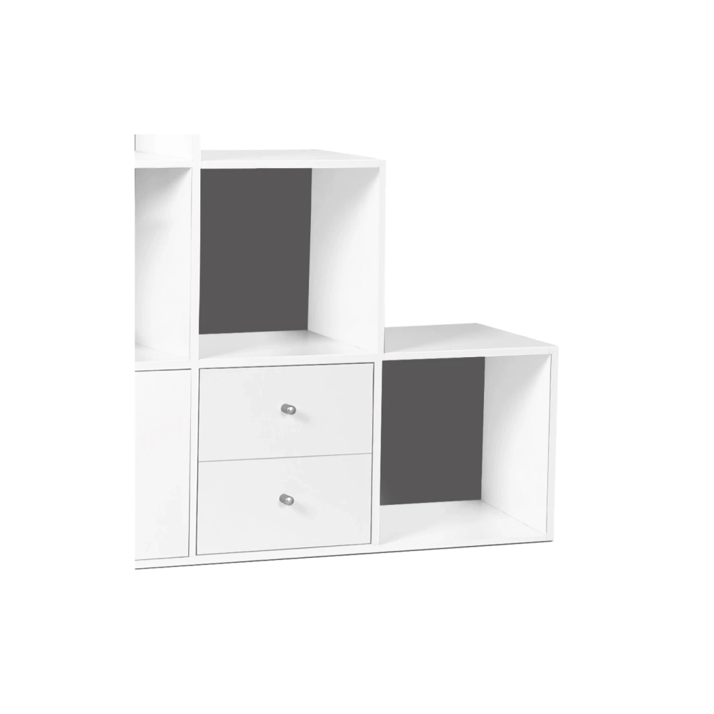 IDMarket - Libreria mobili a forma di scala a 3 livelli in legno bianco con sfondo grigio con anta e cassetti LIAM
