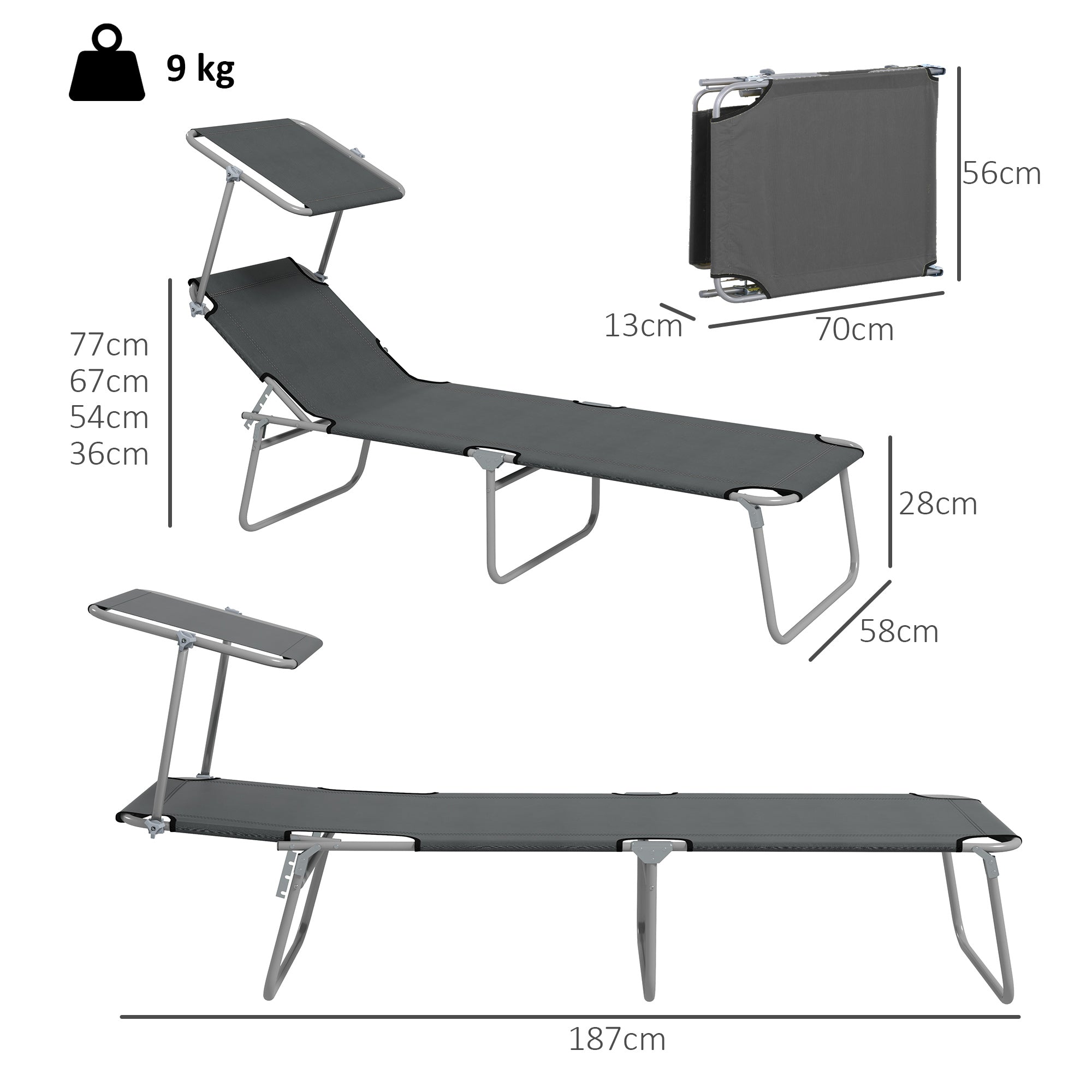 Set 2 Sdraio da Giardino 187x58x36 cm Pieghevoli con Tettuccio Regolabile in Tessuto Oxford e Metallo Grigio