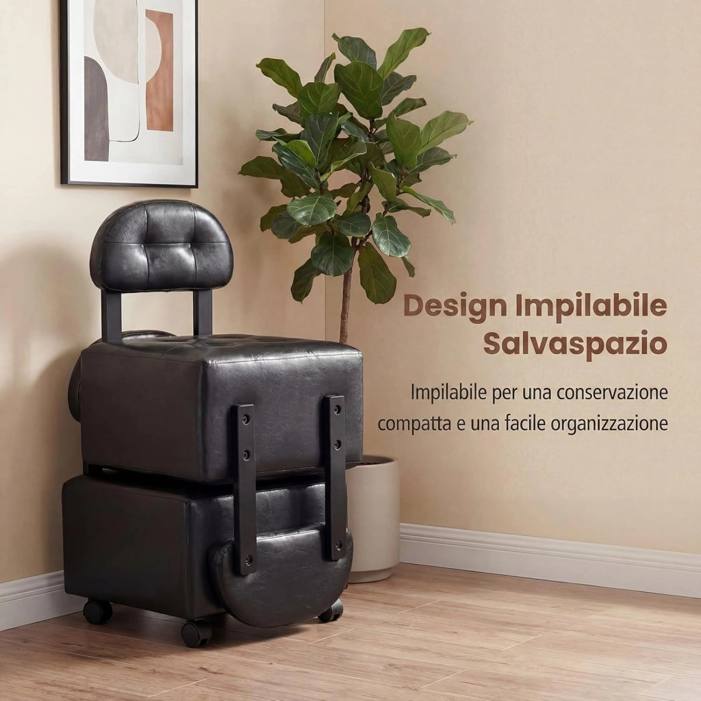 Set 2 Sedie da Salotto con Schienale Trapuntato, 40 X 40 X 55 CM, Seduta Imbottita e 4 Ruote con Freno, Portata 150 KG, Sgabelli Impilabili in Finta Pelle per Soggiorno e Studio (Nero)