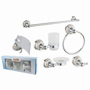 Trade Shop - Set Bagno 6pz Acciaio Vetro Ceramica Decorazioni Oro Portarotolo Saponetta 52436 -