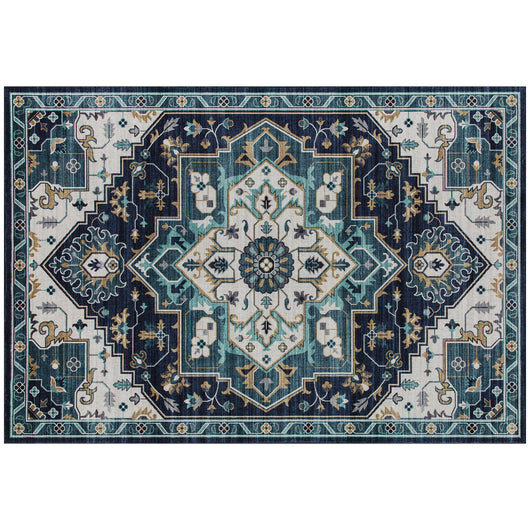 Tappeto Boho Antiscivolo e Lavabile 230x160 cm a Pelo Corto in Effetto Cashmere Blu