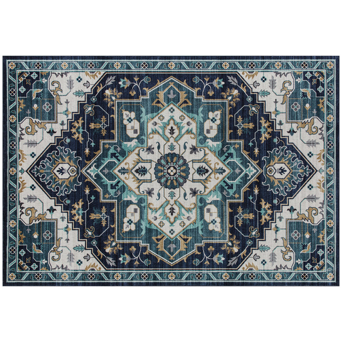 Tappeto Boho Antiscivolo e Lavabile 230x160 cm a Pelo Corto in Effetto Cashmere Blu