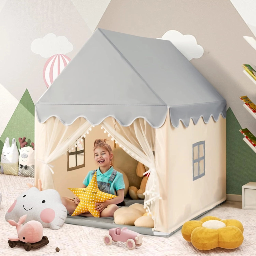 Tenda da Gioco per Bambini, Casetta per Bambini con Struttura in Solido Legno, Tappetino di Cotone, Tenda a Rete e Finestre, 105x120x140 cm (Beige)