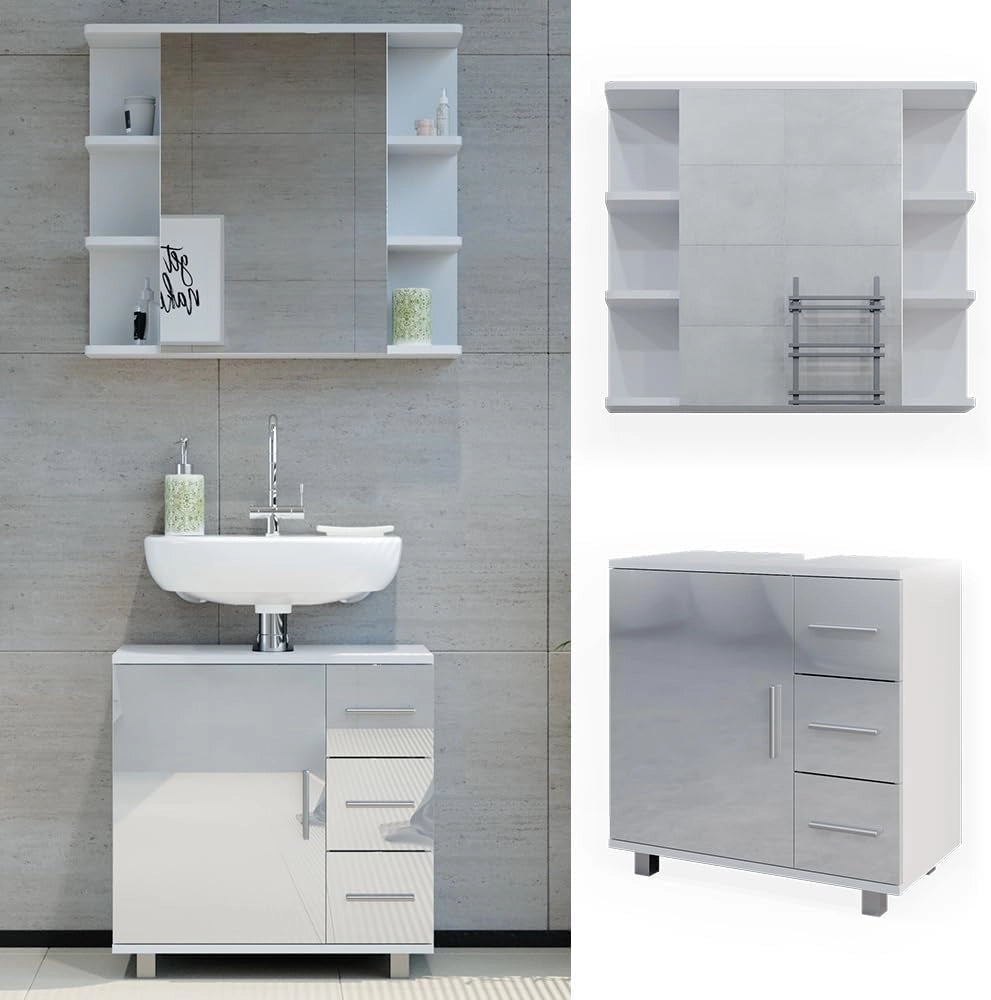 Set mobili bagno Ilias, Bianco lucido, 60 cm, composto da specchio da bagno e mobile sottolavabo