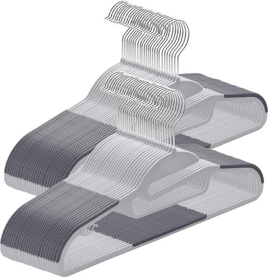 Kleerhangers in plastica, 50 pezzi con apertura a U, antislip, per abbigliamento asciutto e umido, con chiodo a muro e gancio rotativo 360°, grigio + argento