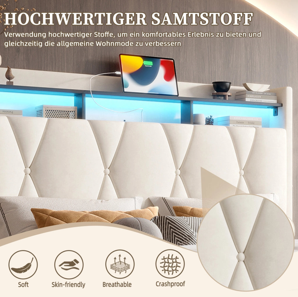 Letto contenitore 140x200 cm in velluto beige con LED e USB-C