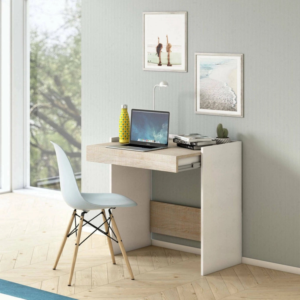 Scrivania Adri, Scrittoio moderno con cassetto, Tavolo da studio o ufficio porta PC portalibri, Made in Italy, Cm 80x40h79, Bianco e Rovere