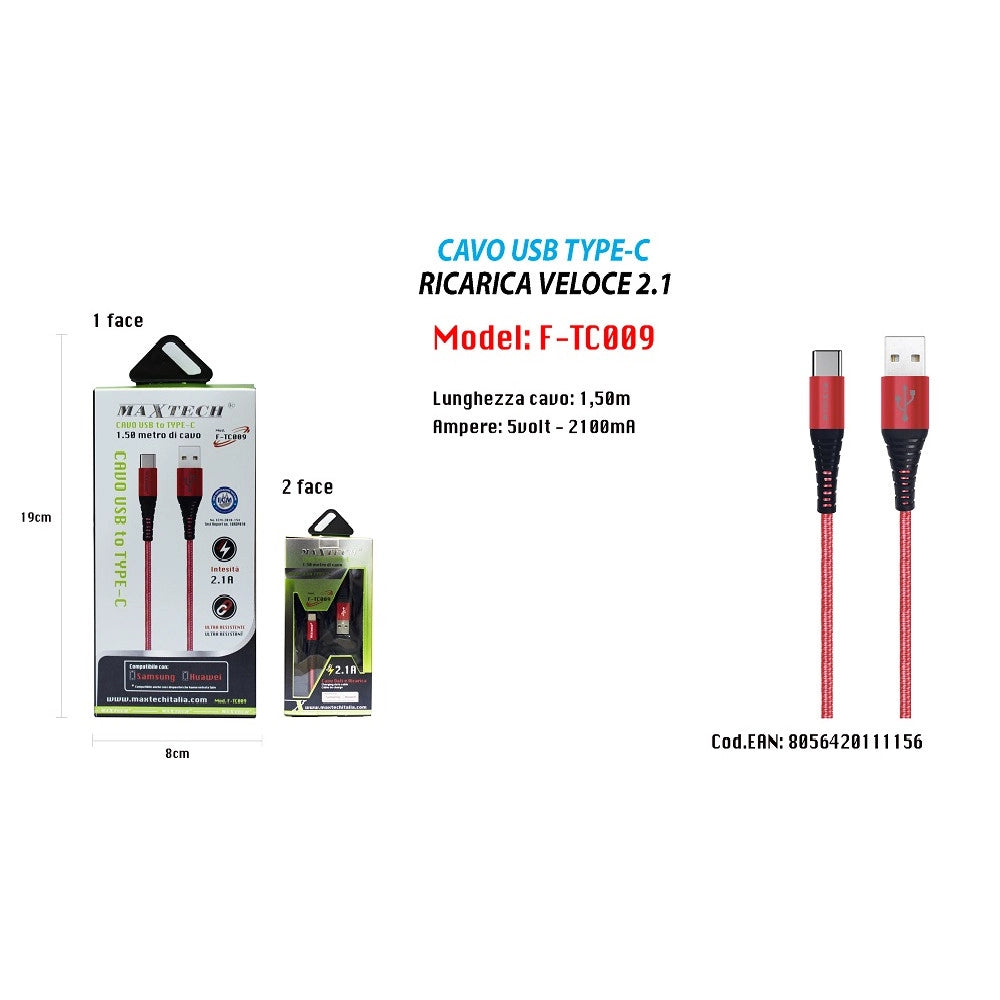 Trade Shop - Cavo Usb A Type C Dati Ricarica Per Samsung Huawei 1.5 Metri 3a Maxtech F-tc009 -