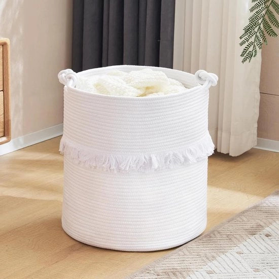 Decorazione boho per bambino con cesto di cotone - contenitore per giocattoli - cesta per abiti con maniglie - 40 x 43 cm - bianco