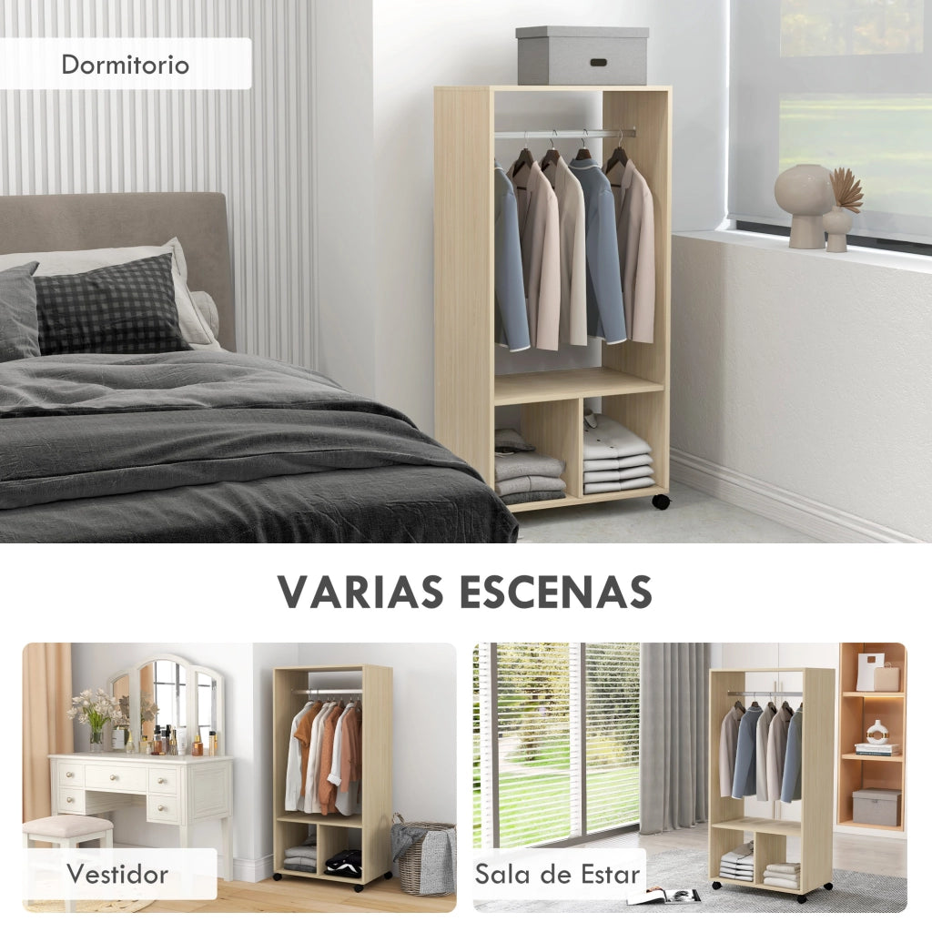 Armadio con ruote, barra appendiabiti e ripiani ¨C zephmum ¨C 60x40x128 cm, colore naturale
