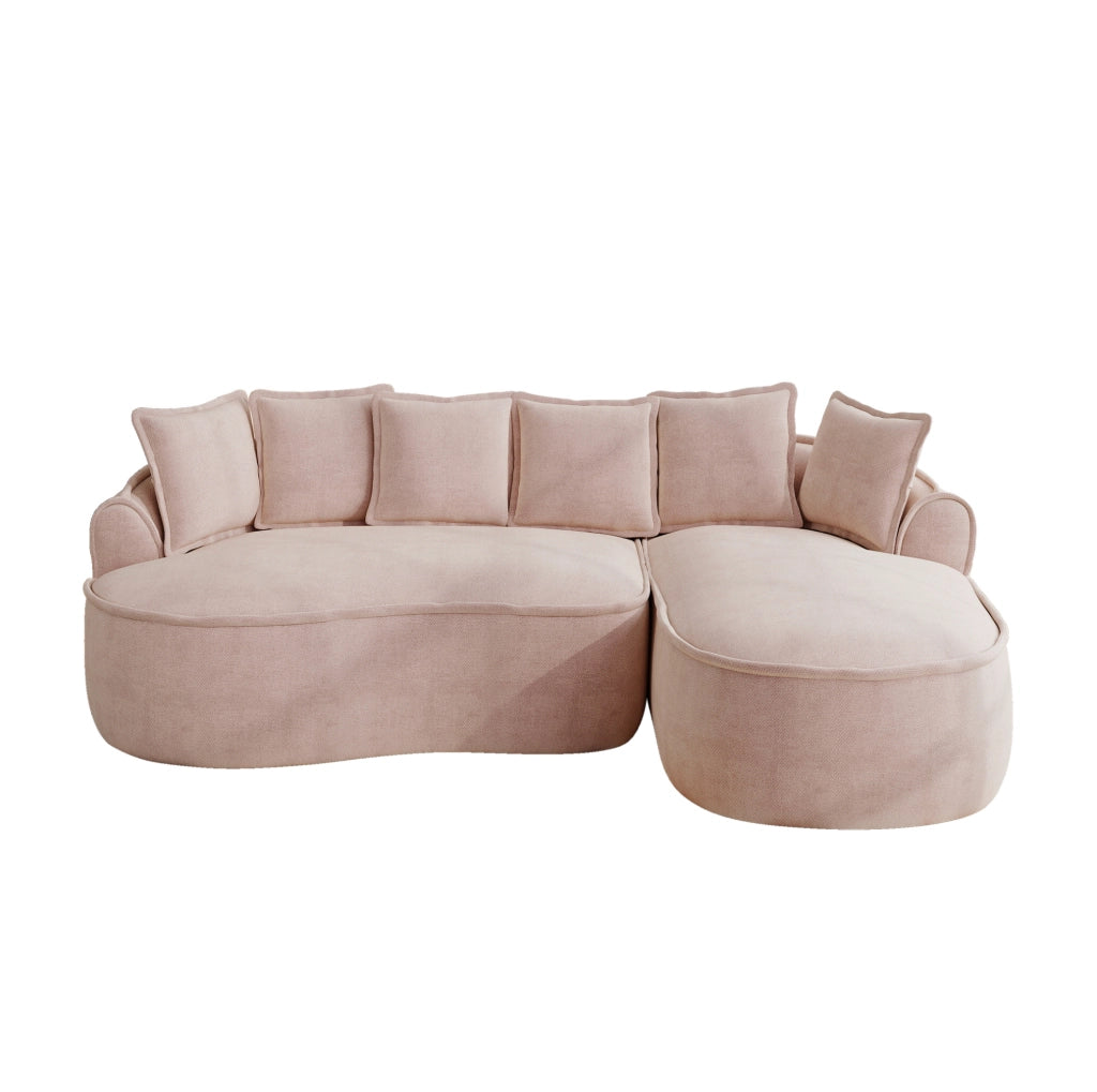 Divano modulare rosa in chenille con chaise longue profonda e cuscini
